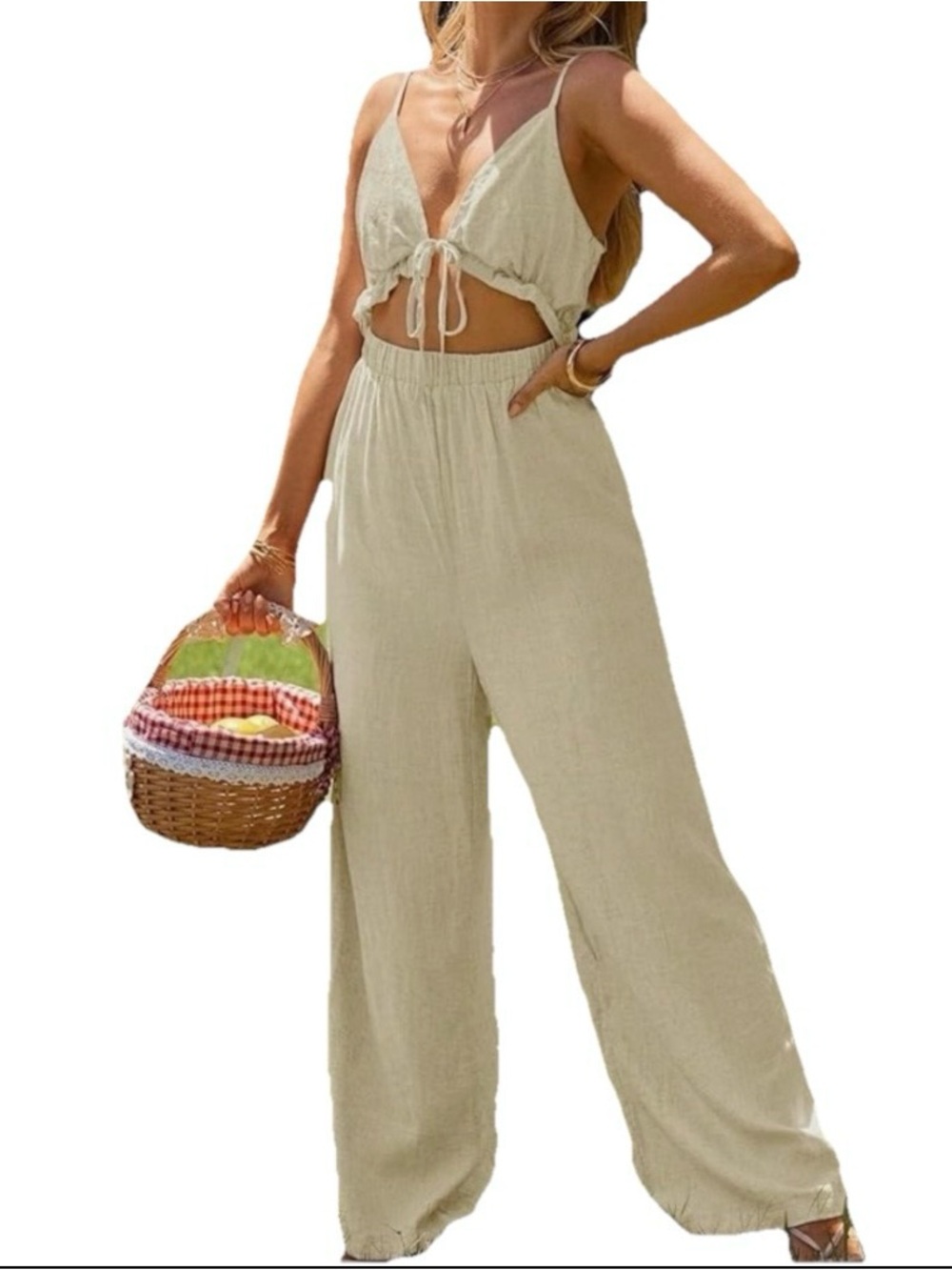 Tie Front Cut Out Viscose Linen Cami Jumpsuit NEW